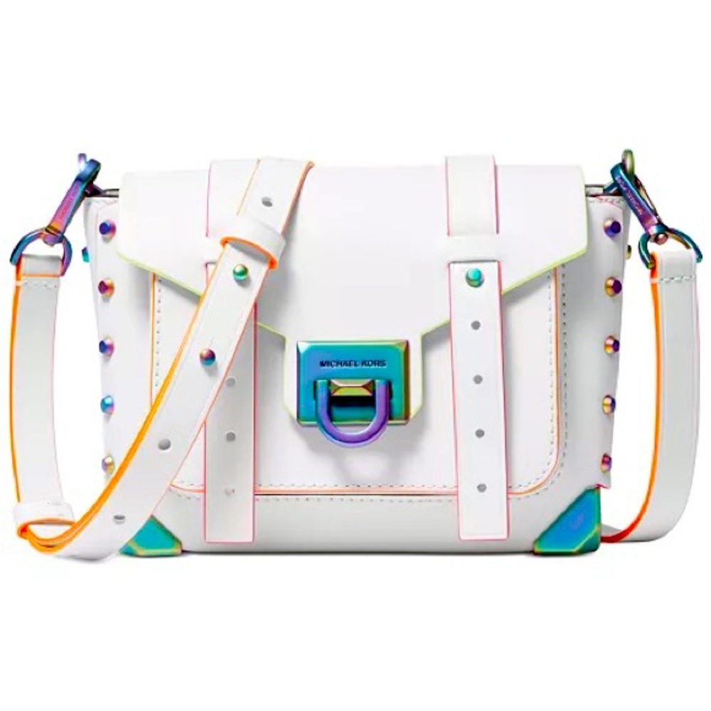 Michael Kors - Manhattan Medium Contrast-Trim Leather Satchel (White)